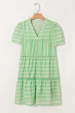 Stripe V Neck Short Sleeve Frilled Detail Dress