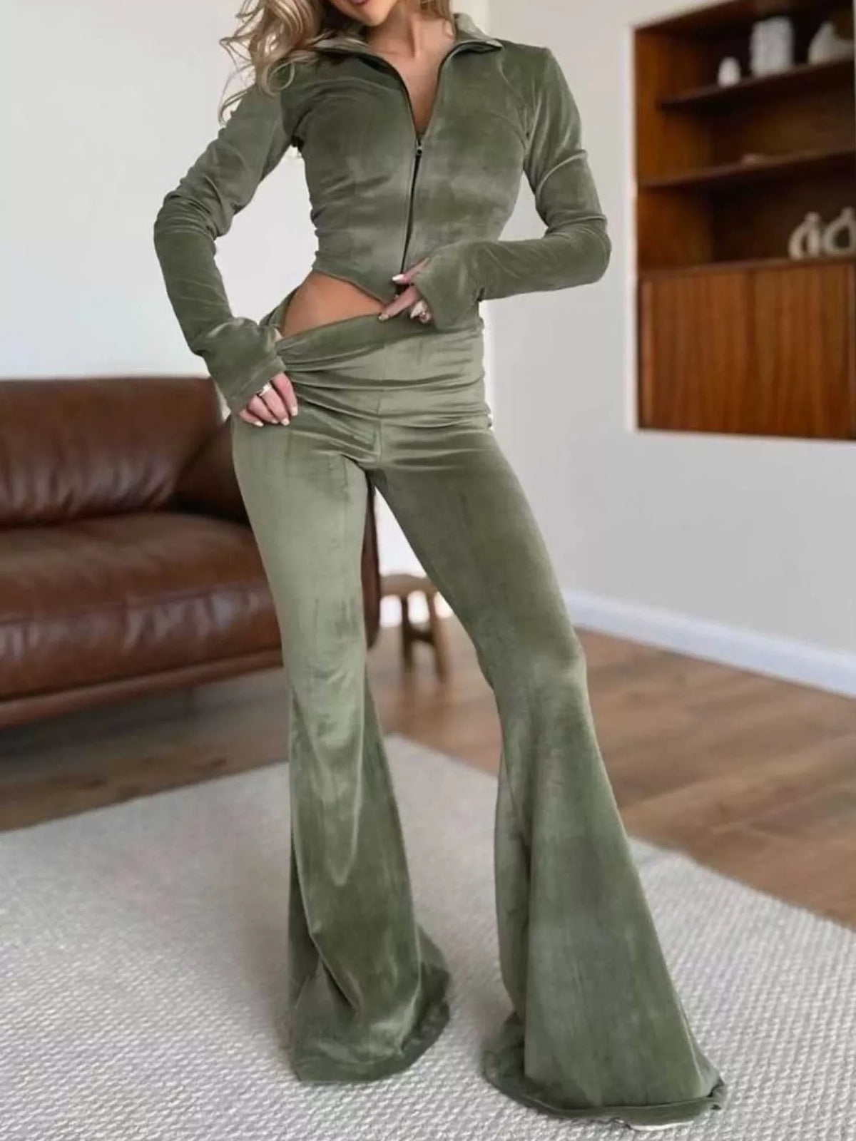 Zip-Up Crop Top and Flared Pants Two-Piece Set