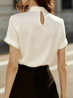 Keyhole Neck Satin Short Sleeve Blouse