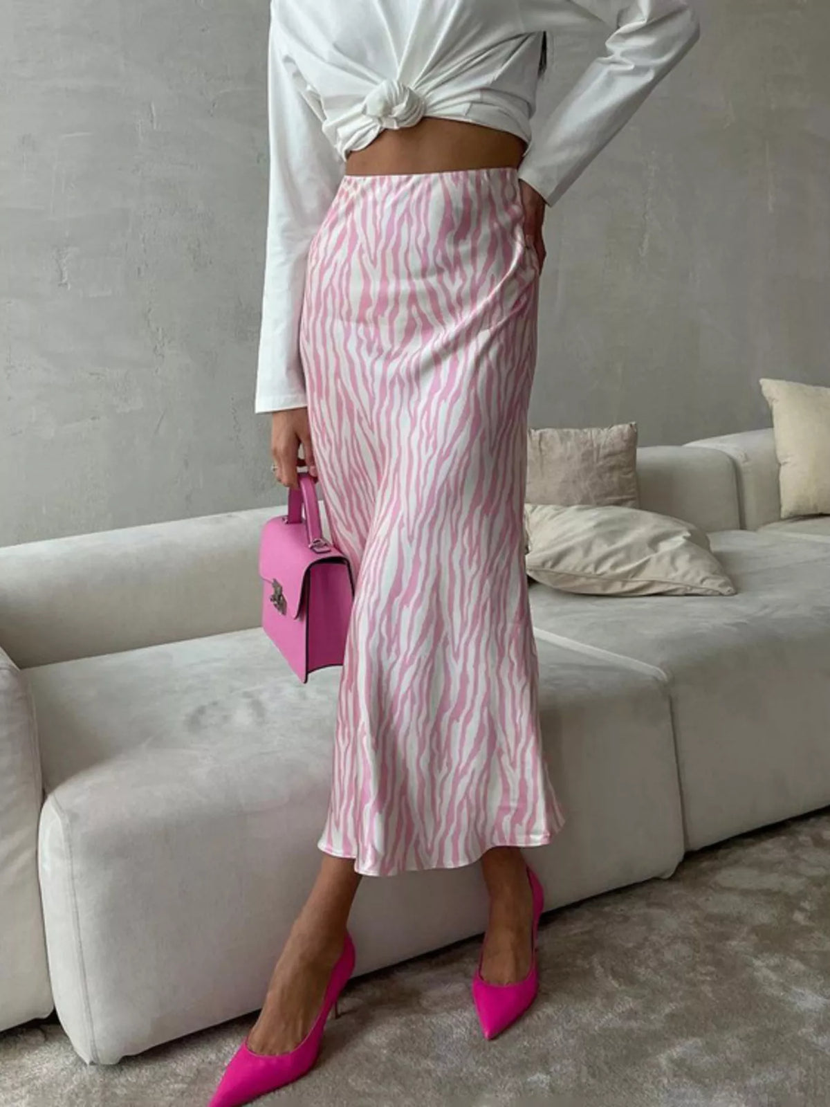 Satin Zebra Print Midi Skirt