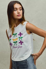 SO ME Mardi Gras Fleur De Lis And Ribbon Embroidered Top