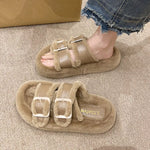 Fuzzy Buckle Detail Slippers