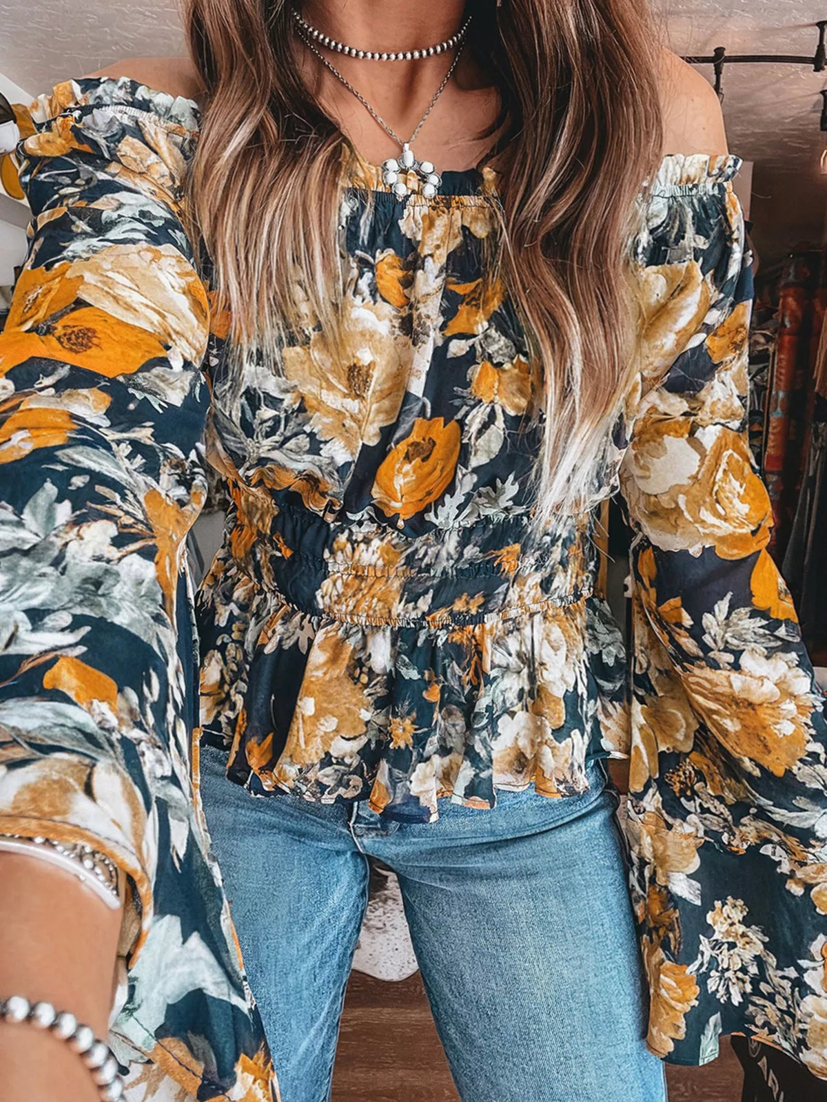 Floral Off Shoulder Bell Sleeve Smocked Peplum Top