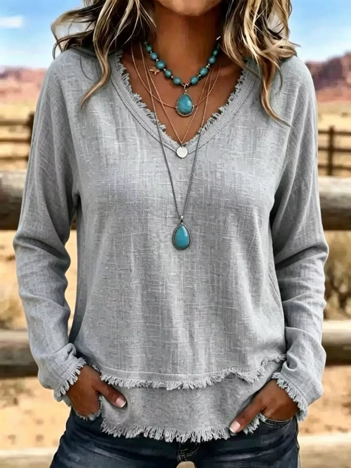 V-Neck Long Sleeve Blouse with Frayed Hem Detail