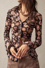 FloralButton-Front Shirt with Bell Sleeves