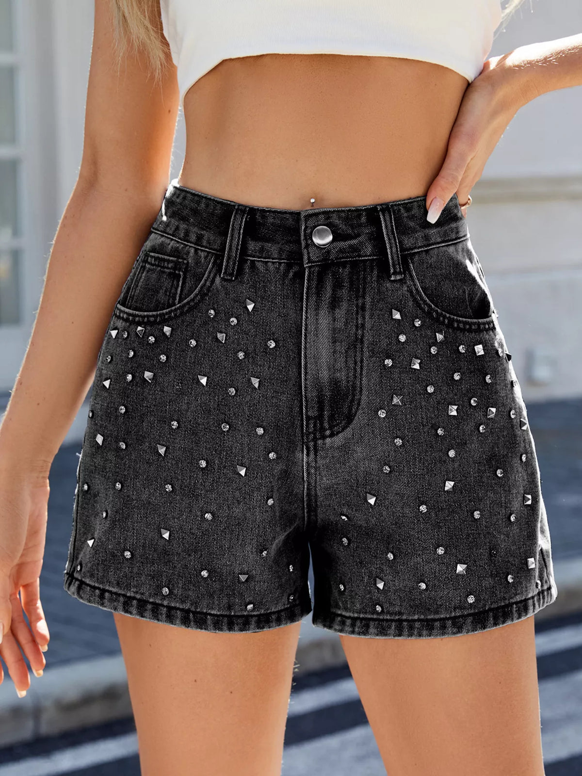 Studded High Waist Denim Shorts