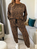 Striped Trim Leopard Long Sleeve Top Drawstring Pant Set
