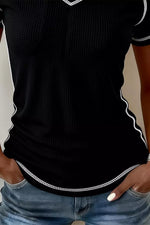 Waffle Textured Contrast Trim V Neck Tee