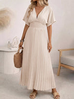 Pleated V-Neck Midi Dress