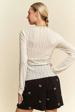 Davi & Dani Long Sleeve Sheer Small Embroidered Bows Lace Top