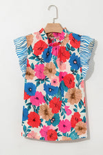 Floral Mock Neck Striped Cap Sleeve Blouse
