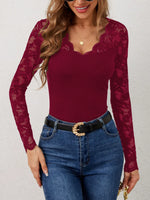 Lace Wavy Hem V-Neck Long Sleeve Top