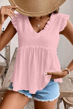 Ruffled Trim V Neck Flutter Flowy Top