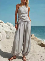 Full Size One-Shoulder Top and Wide Leg Pants Set Plus Size