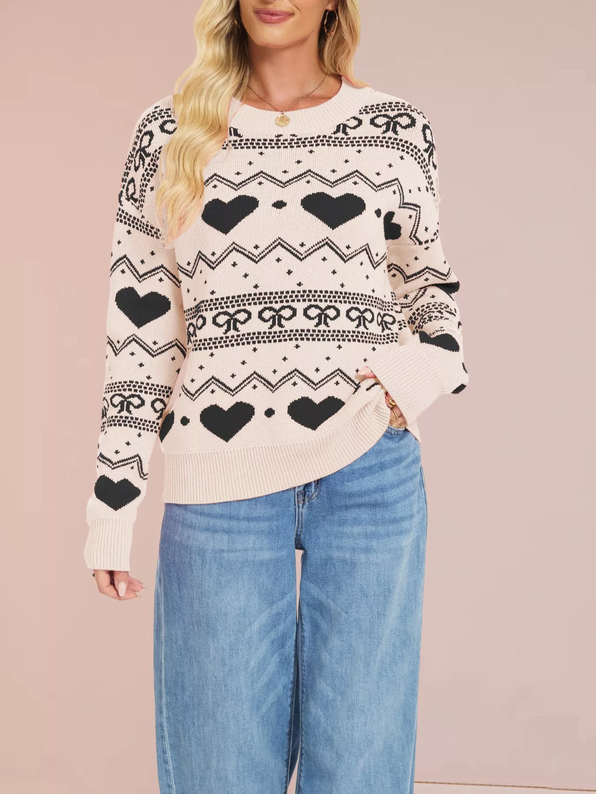 Heart & Bow Pattern Round Neck Sweater