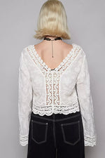 POL Long Sleeve Cropped Crochet Top with Floral Embroidery Detail