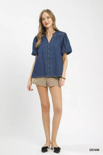 Umgee Denim Button Front Puff Sleeve Boho Blouse
