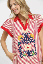 Umgee Floral Embroidered Stripe Dress with Side Slits