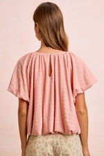 BiBi Stripes Textured Shirred Neckline Bubble Hem Top