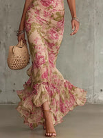 Floral Print High-Neck Puff Sleeve Ruffle Hem Maxi Dress