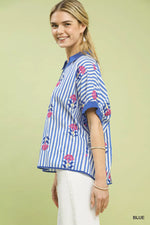 Umgee Stripe Embroidered Button-Front Boho Blouse