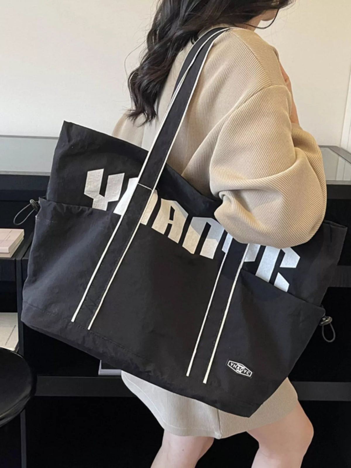 Drawstring Letter Shoulder Bag
