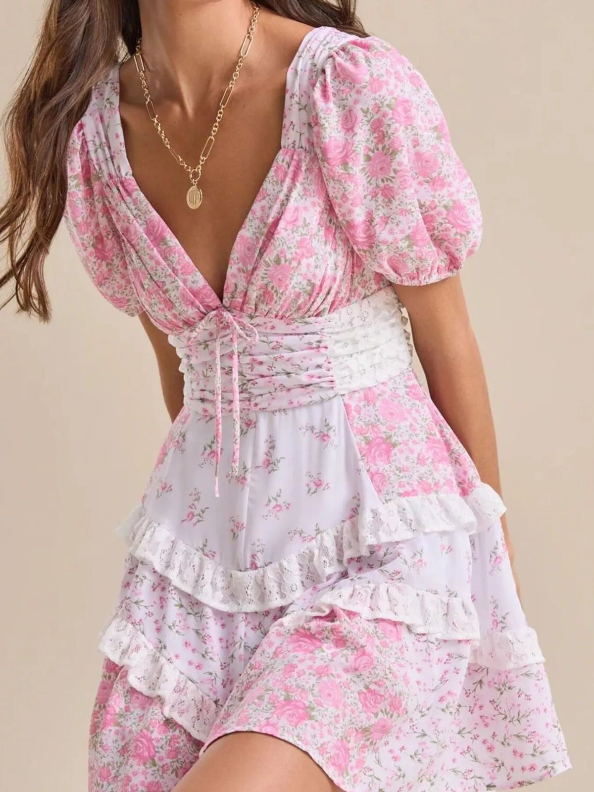 Floral Puff Sleeve Tiered Mini Dress