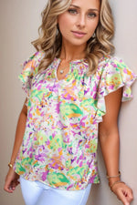 Abstract Printed Ruffled Short Sleeve Notched Neck Blouse