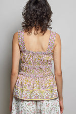 POL Smocked Printed Square Neck Peplum Tank with Ruffle Trim