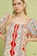 Umgee Mixed Print Puff Sleeve Mini Dress