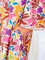 Floral Print Lace Trimmed Tie Back Bell Sleeve Swing Mini Dress