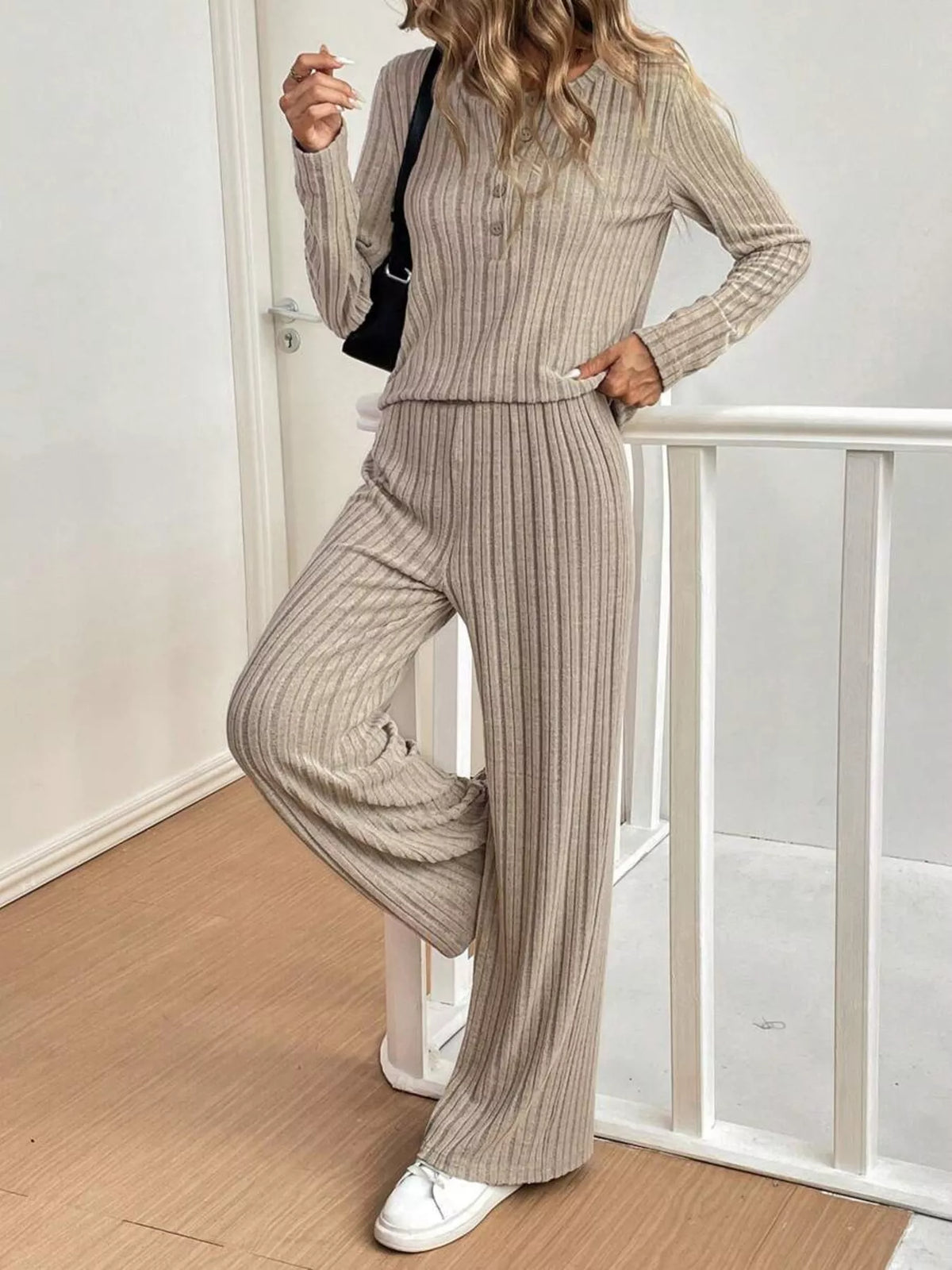 Button Detail Long Sleeve Top and Pants Set