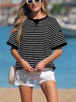Stripe Ribbed Patchwork Seam Detail Half Sleeve Tee