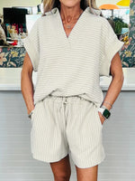 Stripe Dolman Sleeve Polo Shirt and Drawstring Shorts Set