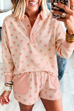 Polka Dot Drop Shoulder Polo Loose Pullover Patch Pocket Casual Shorts Set