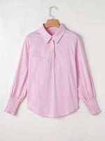 Pinstripe Long Sleeve Smocked Cuffs Button Shirt Collar Blouse