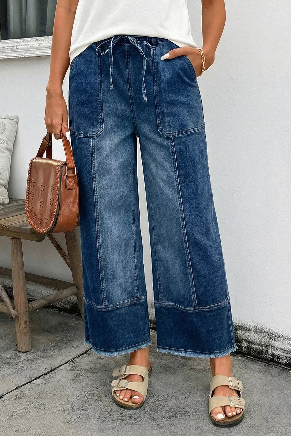 Drawstring Seam Detail Raw Hem Wide Leg Denim Pants