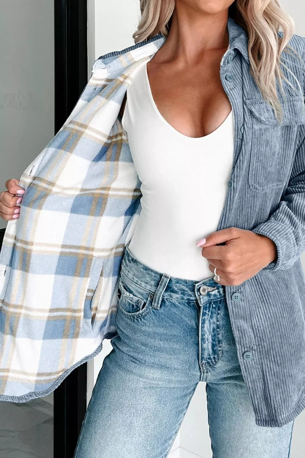 Corduroy Plaid Button-Up Shacket