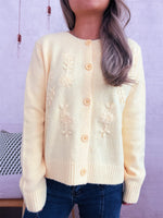 Flower Button Up Ribbed Hem Cardigan