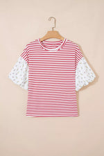 Stripe Floral Puff Sleeve Patchwork Round Neck Loose Top