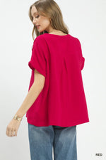 Umgee Textured Gauze Split-Neck Boho Blouse