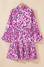 Leopard Print Buttoned Front 3/4 Sleeve Tiered Ruffled Hem Dress