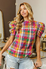 BiBi Short Puff Sleeve Washed Vintage Plaid Top