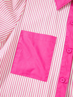 Stripe Color Block Patchwork Shirt Collar Button Down Puff Sleeve Mini Dress