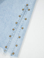 Studded Side Slit Leg Frayed Pocketed Wide Leg Jeans
