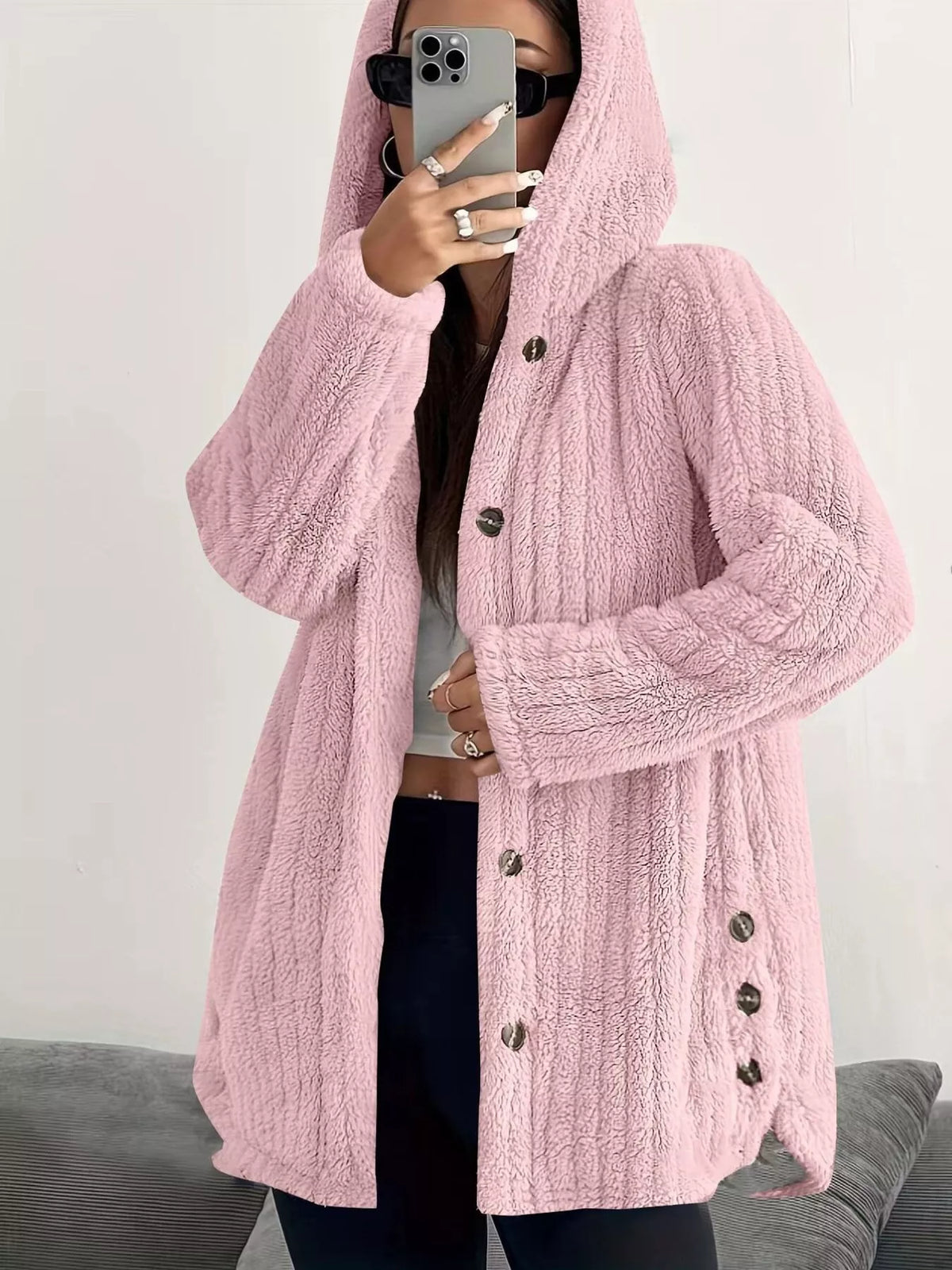 Full Size Fleece Button Up Hooded Outerwear Plus Size