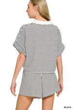 Zenana Striped Collared Top & Shorts Set
