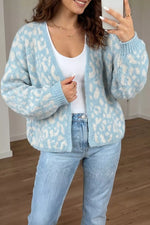 Leopard Print V Neck Long Sleeve Loose Fit Knit Cardigan