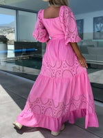 Lace Sleeve Belted Tiered Ruffled Maxi Dress