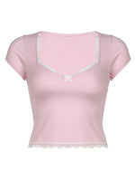 Lace Detail Sweetheart Neck Short Sleeve T-Shirt